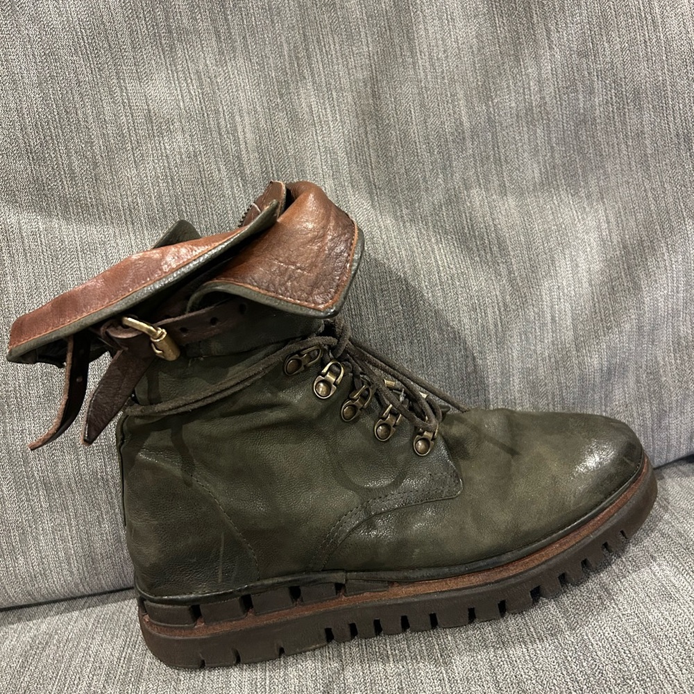 A.S.98 Olive Green Leather Lace-Up Ankle Boots with Brown Strap - Picture 4 of 7
